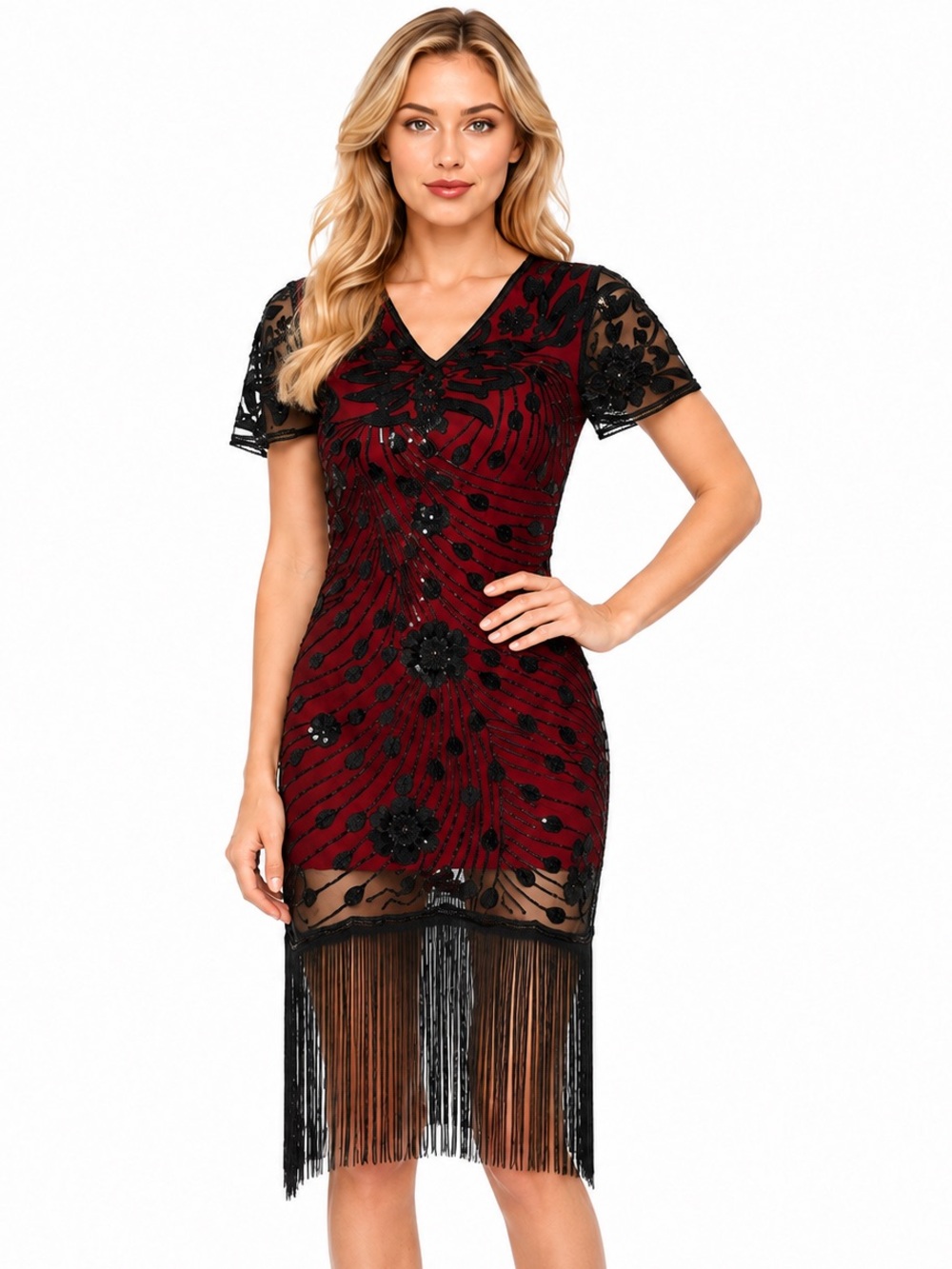 Yessa Red Black Sequin Fringe Gatsby Flapper Dress 1920s Large NWT